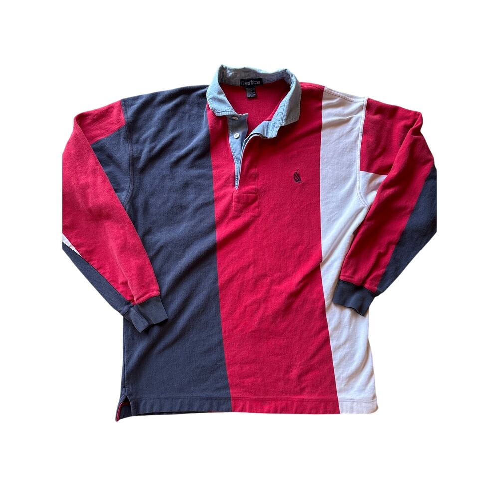 Vintage 90’s Nautica Red White Blue Striped Denim Collar Cotton XL Rugby Shirt